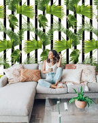 Striped Palm Leaf Wallpaper : Black White Tropical Pattern - View 2
