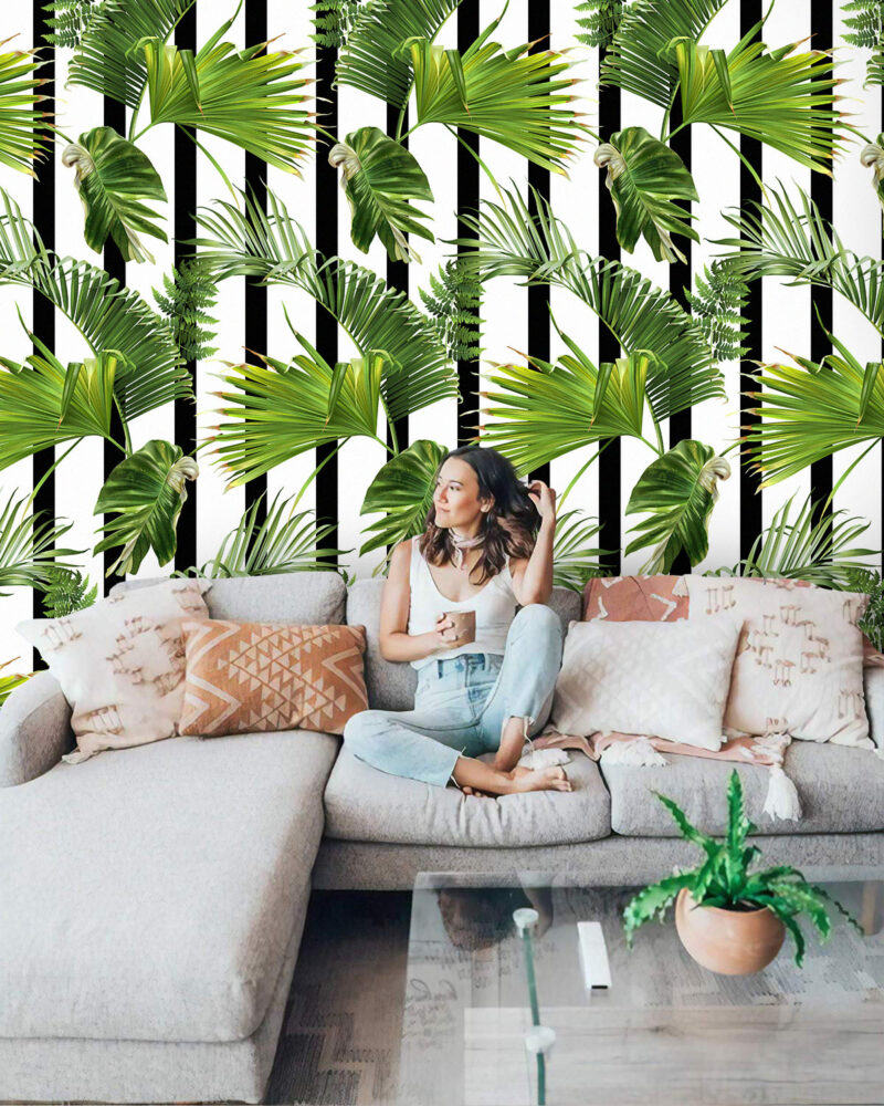 Striped Palm Leaf Wallpaper : Black White Tropical Pattern - View 2