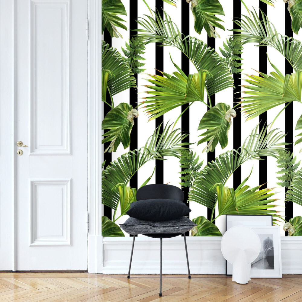 Striped Palm Leaf Wallpaper : Black White Tropical Pattern - View 3