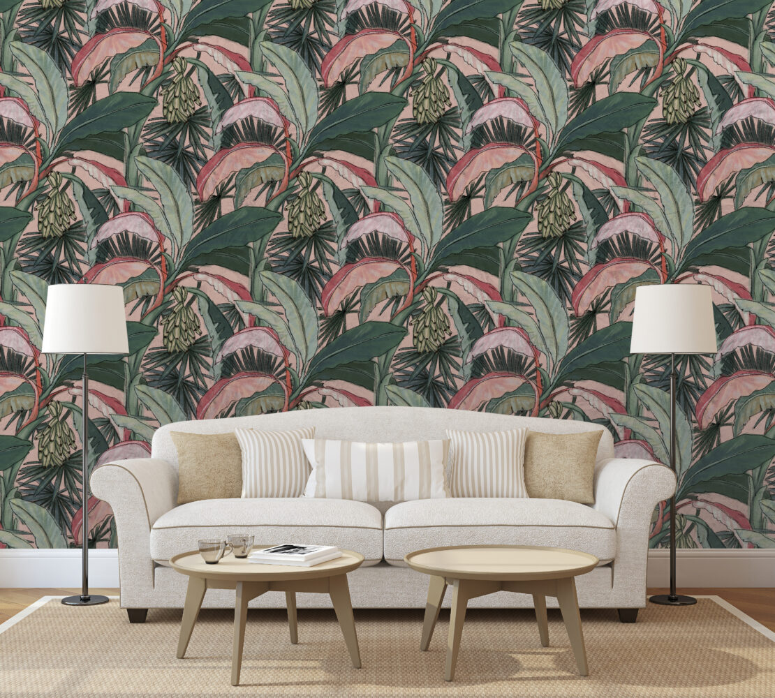 Banana Leaf Wallpaper : Pink and Green Tropical Pattern