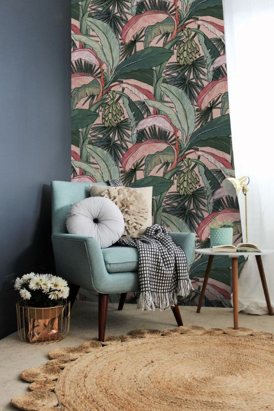 Banana Leaf Wallpaper : Pink and Green Tropical Pattern - View 4