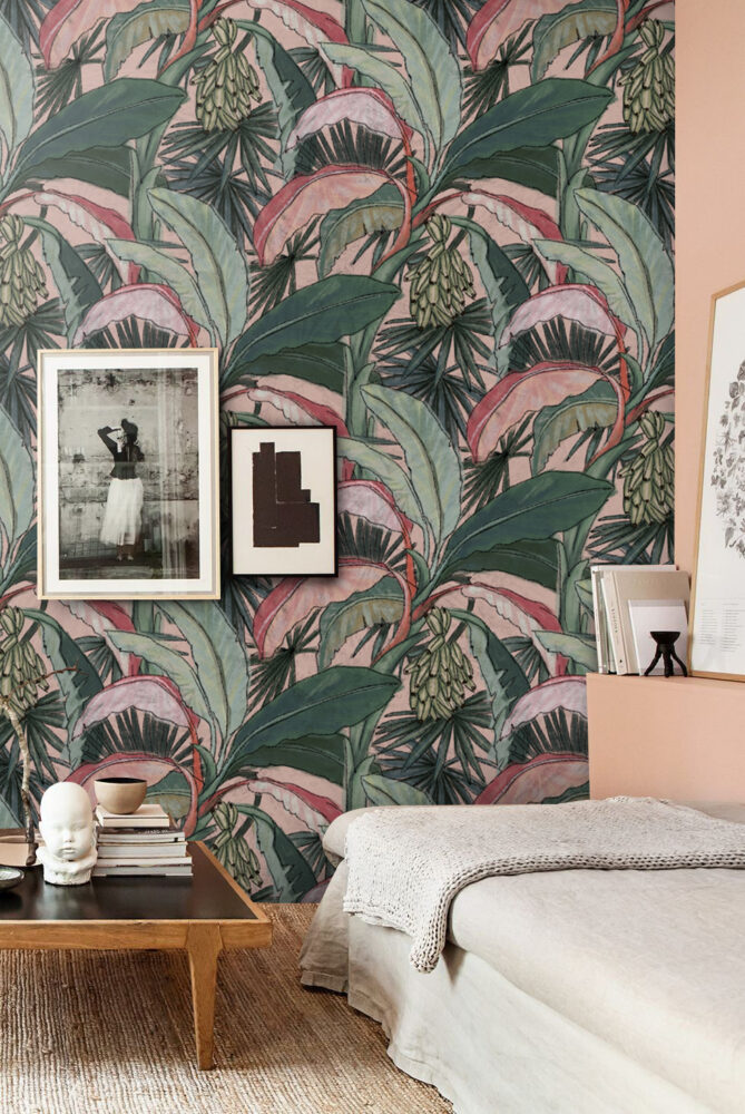 Banana Leaf Wallpaper : Pink and Green Tropical Pattern - View 5