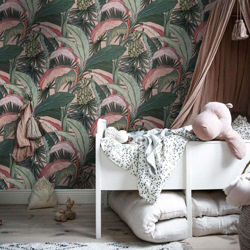 Banana Leaf Wallpaper : Pink and Green Tropical Pattern - View 6