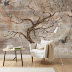 Vintage Tree Branch Wallpaper : Distressed Birds Mural