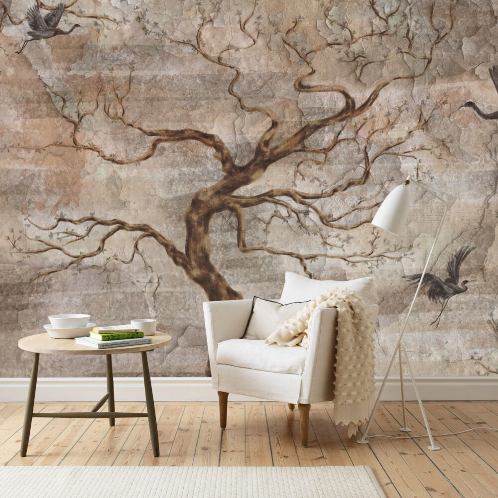 Vintage Tree Branch Wallpaper : Distressed Birds Mural