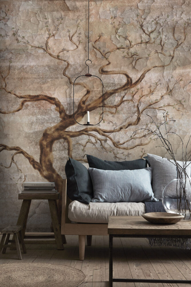 Vintage Tree Branch Wallpaper : Distressed Birds Mural - View 3