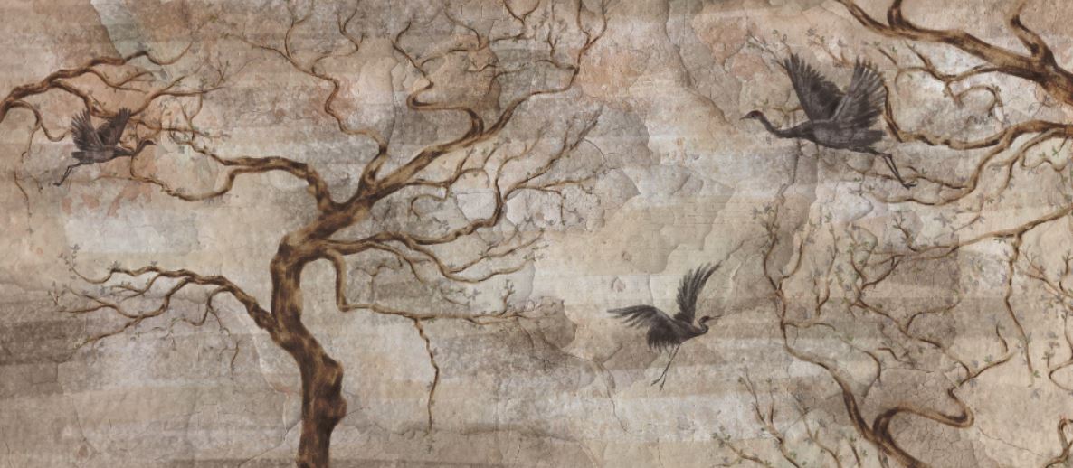 Vintage Tree Branch Wallpaper : Distressed Birds Mural - flat design