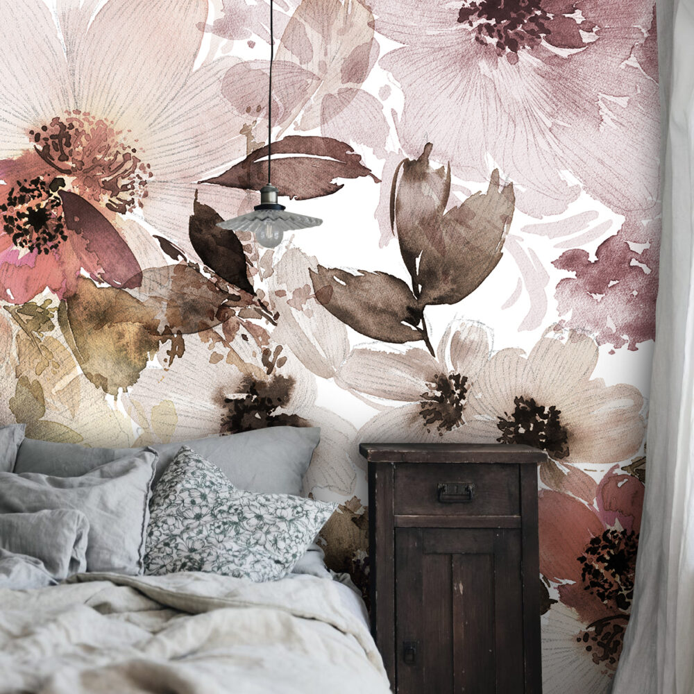 Watercolor Floral Wallpaper : Soft Brown and Blush Petals Mural - View 2