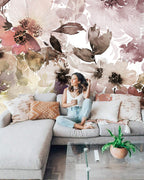 Watercolor Floral Wallpaper : Soft Brown and Blush Petals Mural