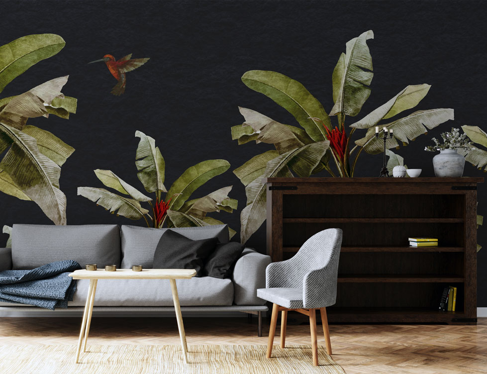 Black Banana Leaf Wallpaper : Hummingbird Tropical Mural - View 2