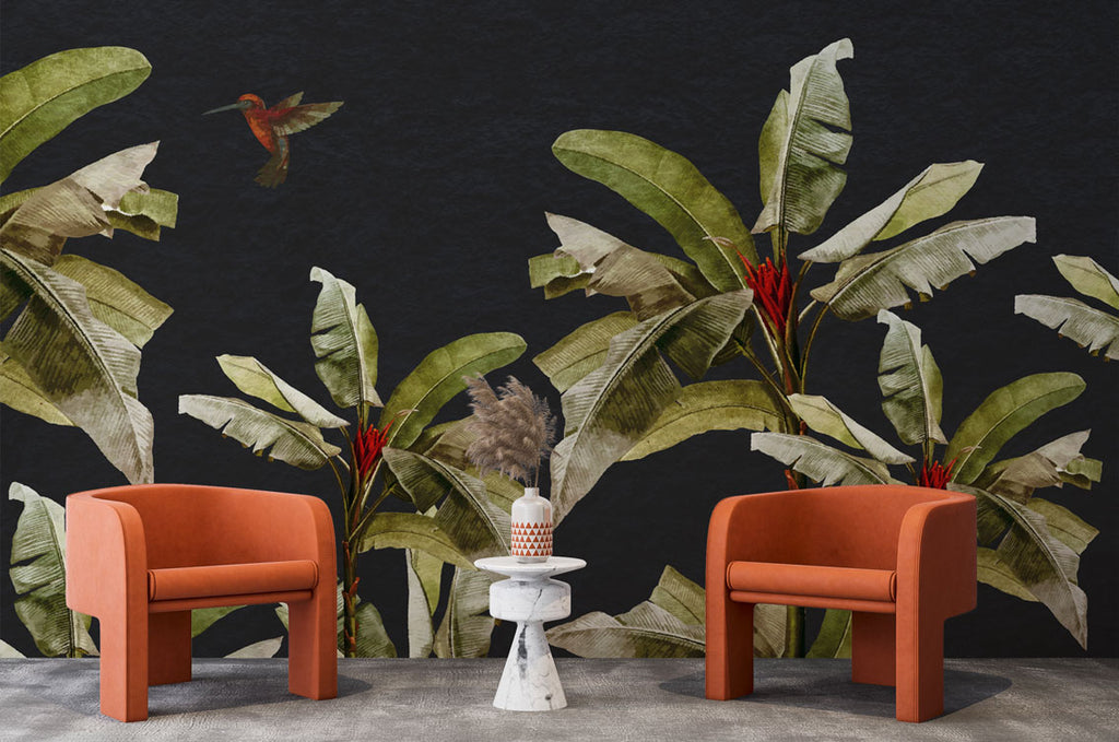 Black Banana Leaf Wallpaper : Hummingbird Tropical Mural