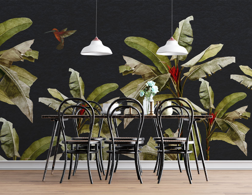Black Banana Leaf Wallpaper : Hummingbird Tropical Mural - View 3