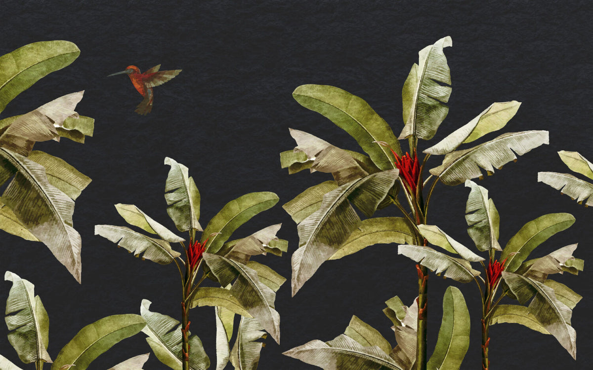 Black Banana Leaf Wallpaper : Hummingbird Tropical Mural - flat design