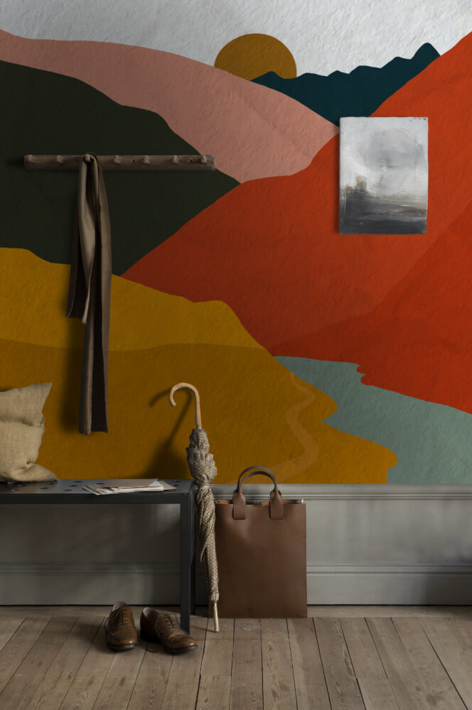 Boho Mountain Wallpaper : Mustard Terracotta Abstract Landscape Mural - View 2
