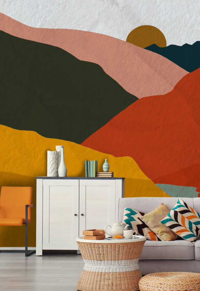 Boho Mountain Wallpaper : Mustard Terracotta Abstract Landscape Mural - View 3