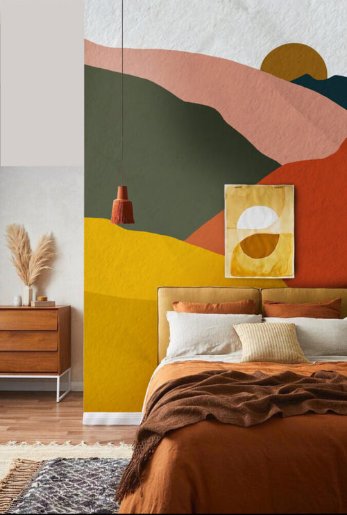 Boho Mountain Wallpaper : Mustard Terracotta Abstract Landscape Mural