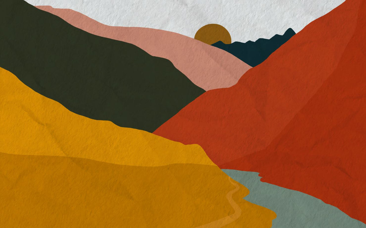 Boho Mountain Wallpaper : Mustard Terracotta Abstract Landscape Mural - flat design