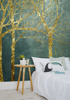 Gold Tree Wallpaper : Teal Concrete Forest Mural - View 2