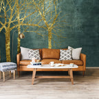 Gold Tree Wallpaper : Teal Concrete Forest Mural - View 4