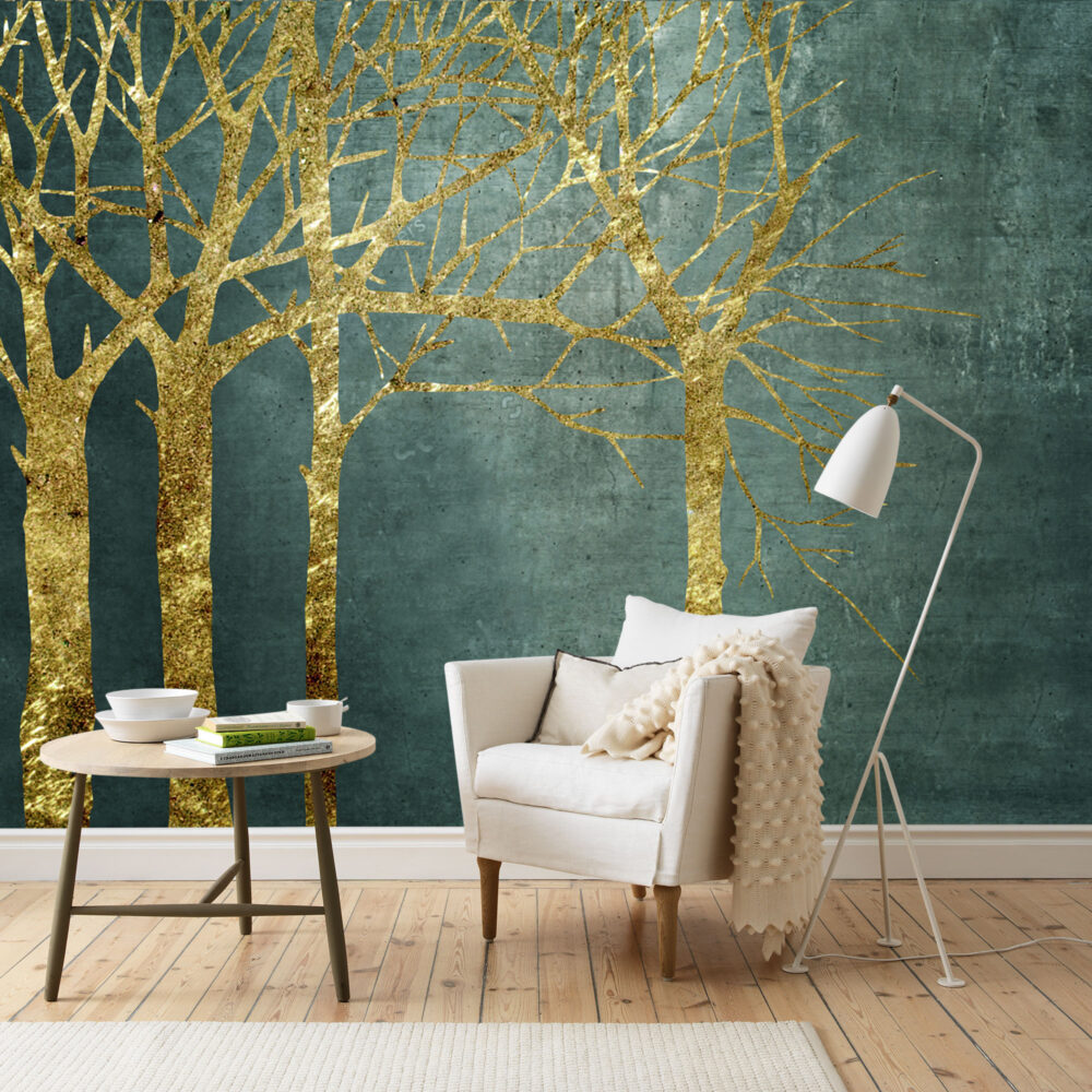 Gold Tree Wallpaper : Teal Concrete Forest Mural