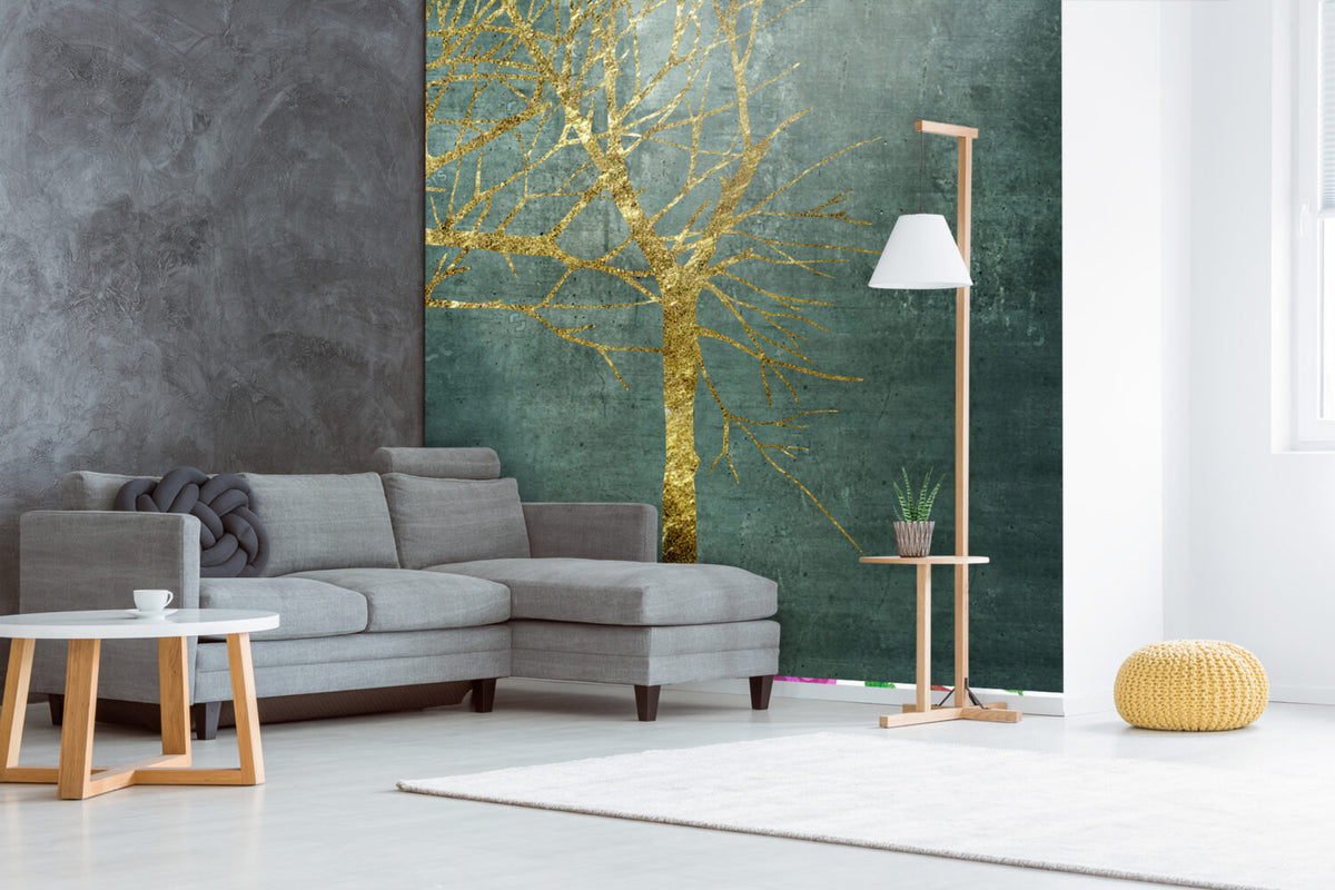 Gold Tree Wallpaper : Teal Concrete Forest Mural - View 3
