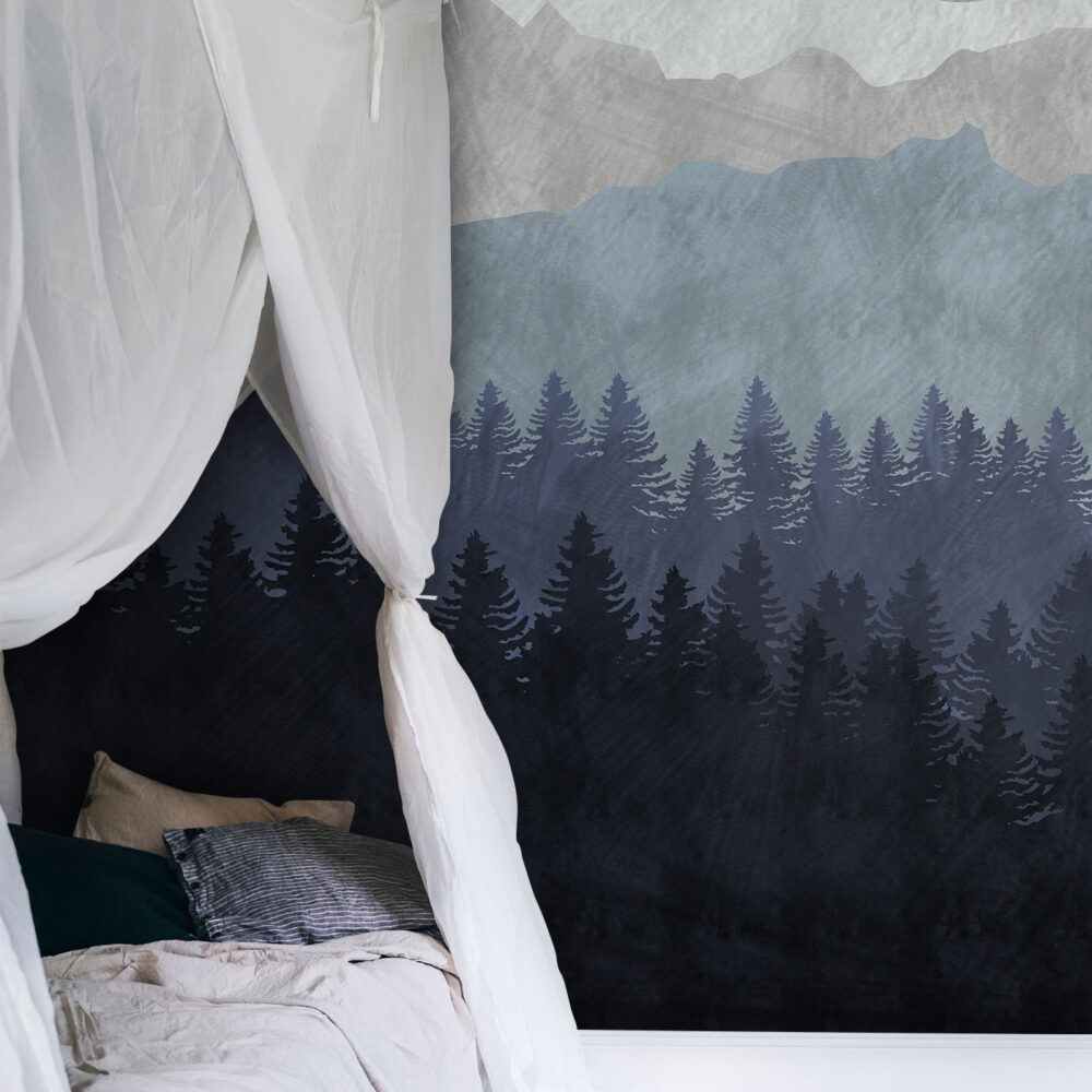 Moon Forest Wallpaper : Misty Blue Pine Mountain Mural - View 4