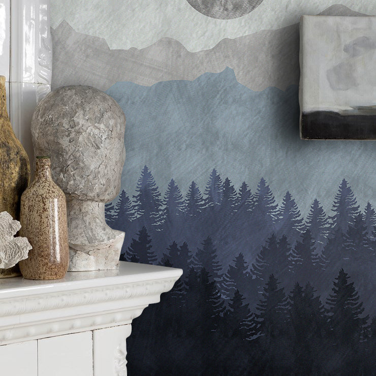 Moon Forest Wallpaper : Misty Blue Pine Mountain Mural - View 2