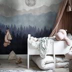 Moon Forest Wallpaper : Misty Blue Pine Mountain Mural