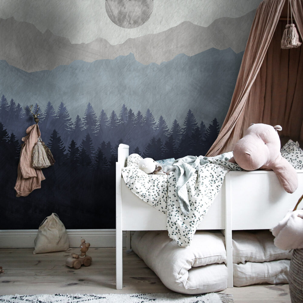Moon Forest Wallpaper : Misty Blue Pine Mountain Mural