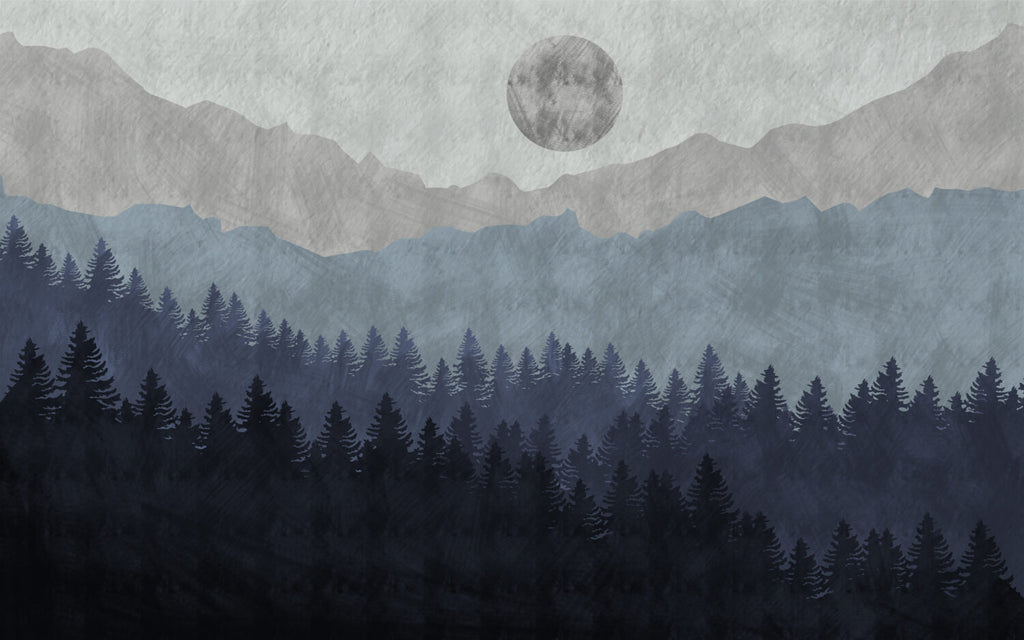 Moon Forest Wallpaper : Misty Blue Pine Mountain Mural - flat design