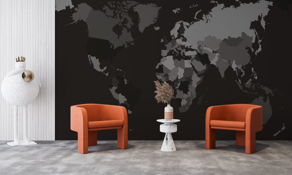 Dark Grey World Map Wallpaper : Charcoal Countries Map Mural