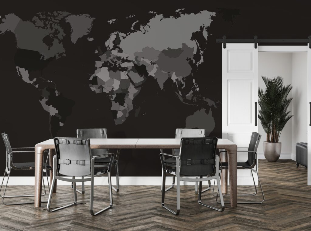 Dark Grey World Map Wallpaper : Charcoal Countries Map Mural - View 2
