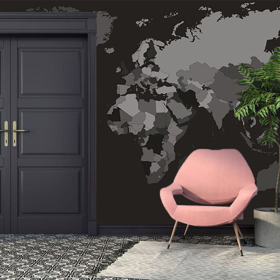 Dark Grey World Map Wallpaper : Charcoal Countries Map Mural - View 5