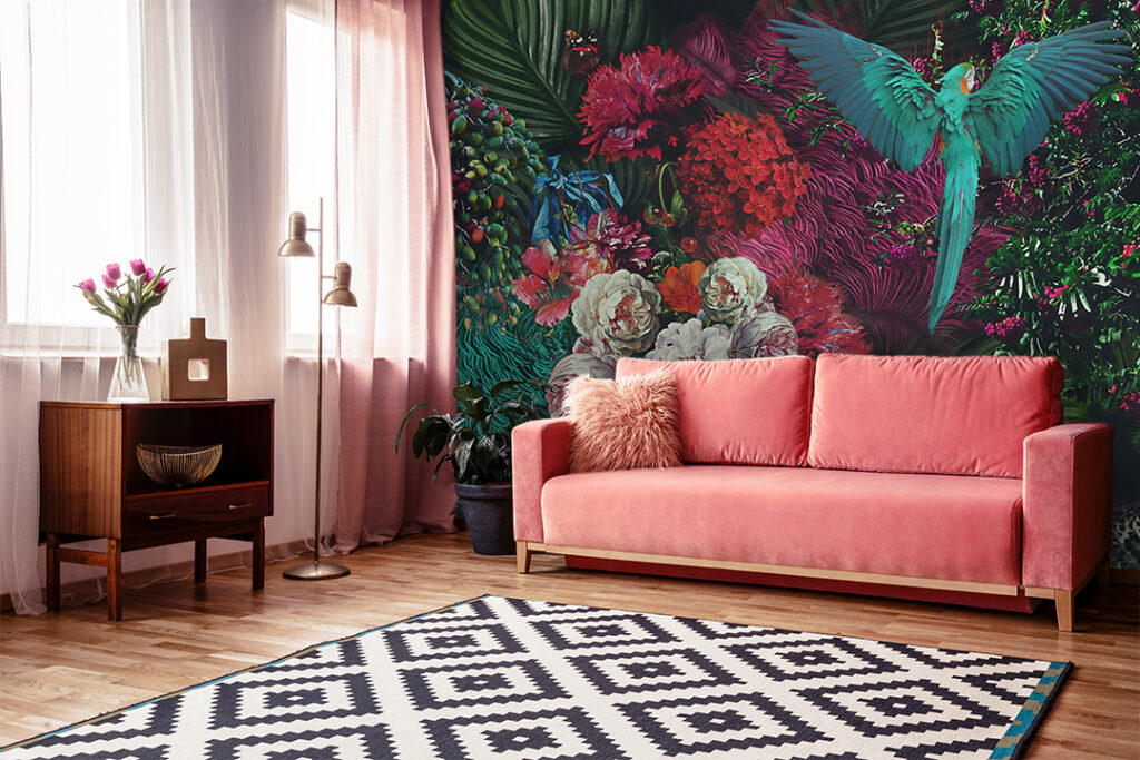 Parrot Peony Wallpaper : Vibrant Floral Bird Mural - View 4
