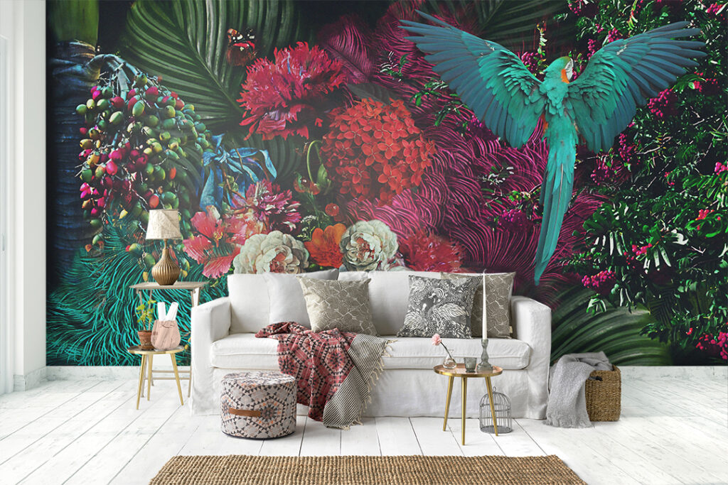 Parrot Peony Wallpaper : Vibrant Floral Bird Mural - View 5