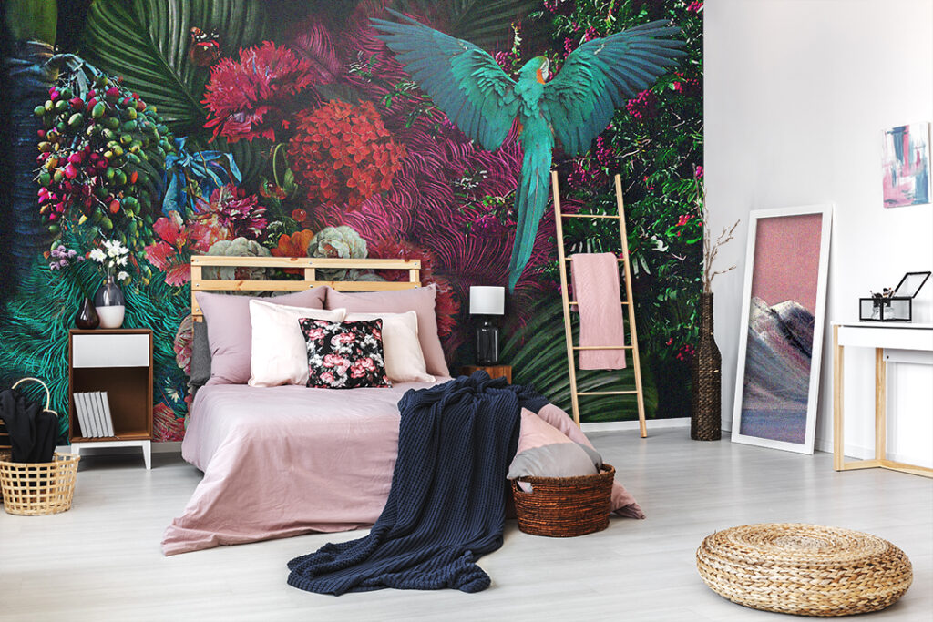 Parrot Peony Wallpaper : Vibrant Floral Bird Mural - View 6