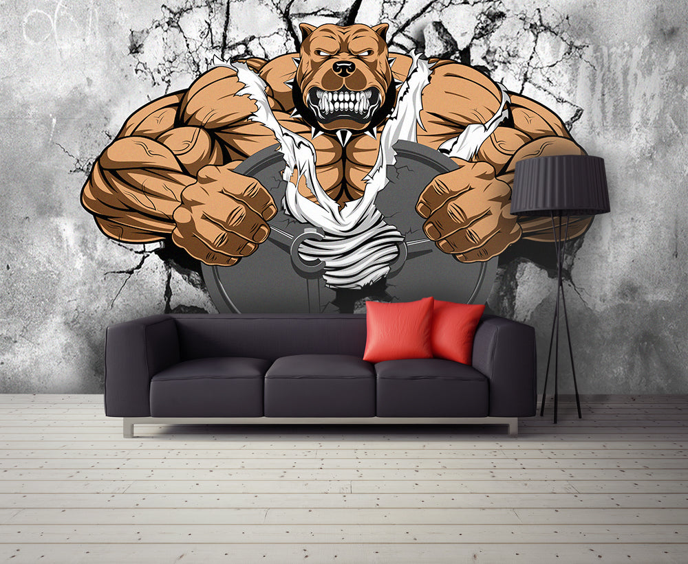 Muscle Bulldog Wallpaper : 3D Gym Breakthrough Mural - View 5