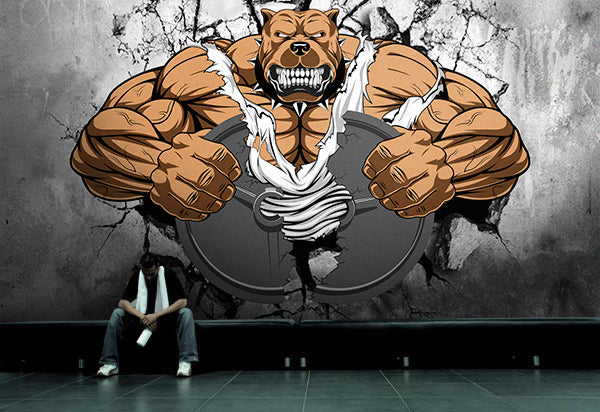 Muscle Bulldog Wallpaper : 3D Gym Breakthrough Mural - View 4