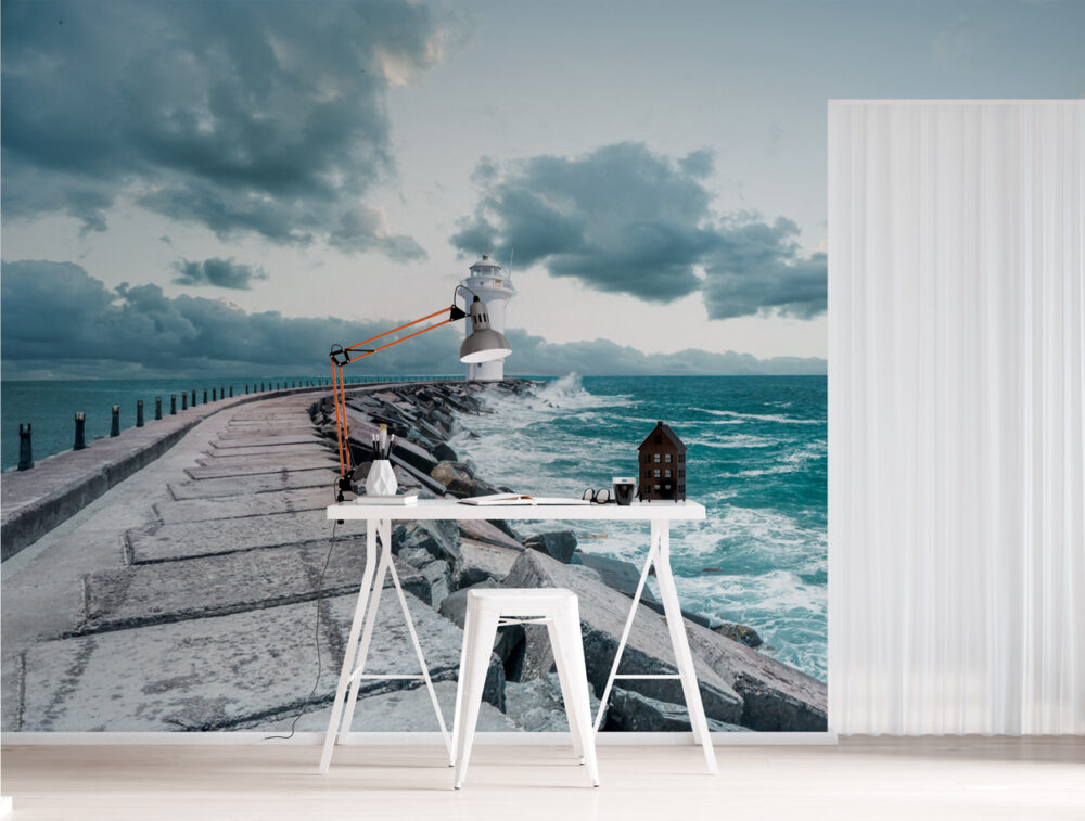 Lighthouse Pier Wallpaper : Stormy Sea Waves Mural