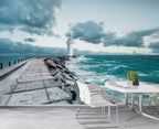 Lighthouse Pier Wallpaper : Stormy Sea Waves Mural - View 3