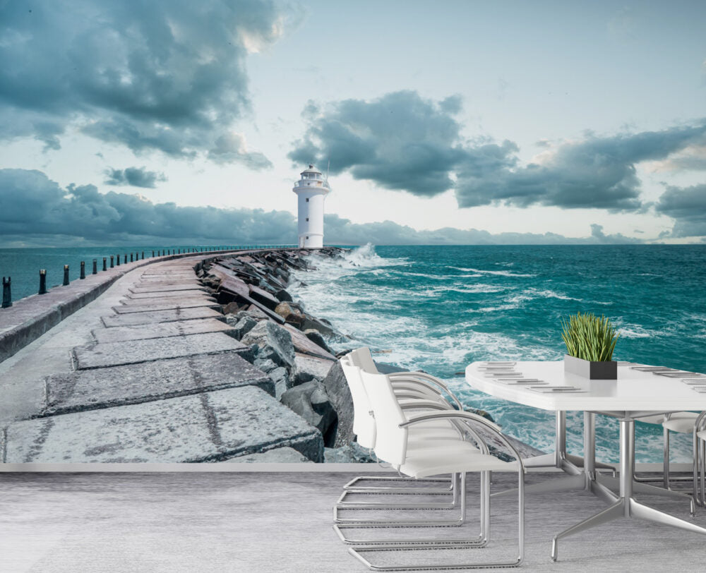 Lighthouse Pier Wallpaper : Stormy Sea Waves Mural - View 3