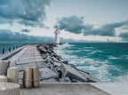 Lighthouse Pier Wallpaper : Stormy Sea Waves Mural - View 2