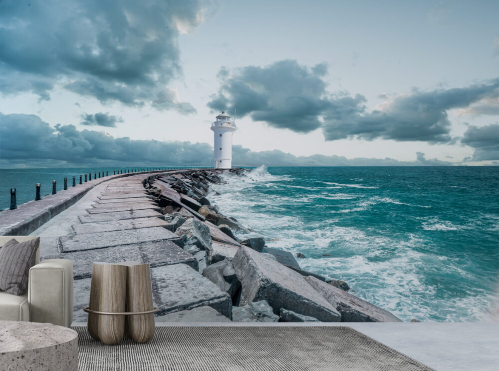 Lighthouse Pier Wallpaper : Stormy Sea Waves Mural - View 2