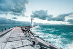 Lighthouse Pier Wallpaper : Stormy Sea Waves Mural - flat design