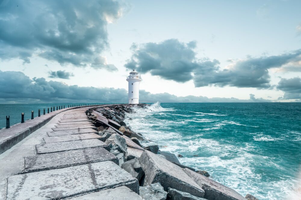Lighthouse Pier Wallpaper : Stormy Sea Waves Mural - flat design