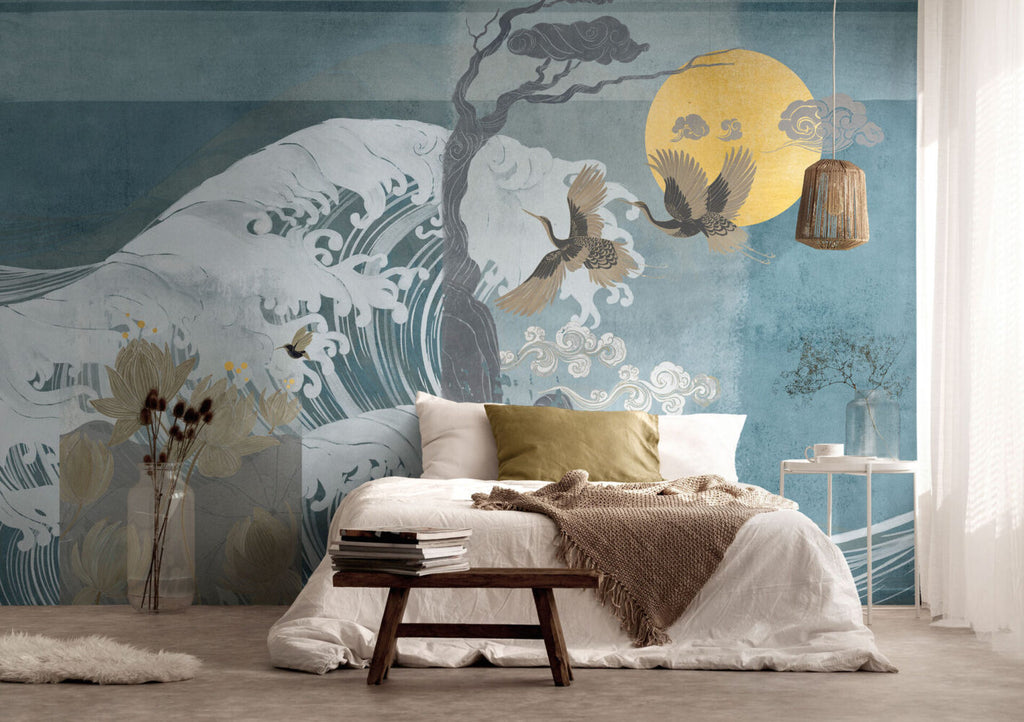 Blue Japanese Wave Wallpaper : Vintage Moon and Crane Mural