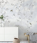 White Blossom Tree Wallpaper : Hummingbird Sketch Mural