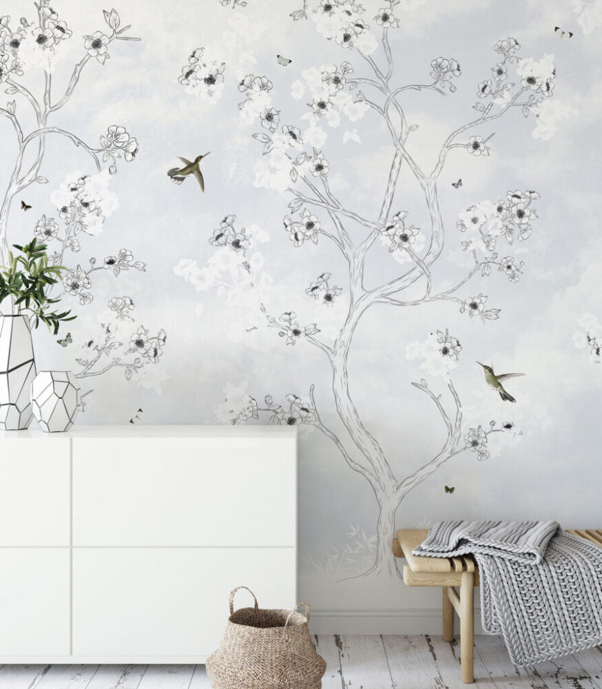 White Blossom Tree Wallpaper : Hummingbird Sketch Mural