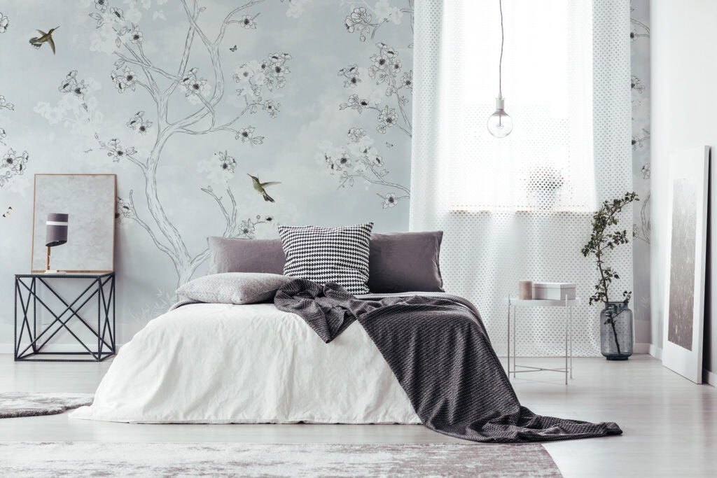 White Blossom Tree Wallpaper : Hummingbird Sketch Mural - View 3