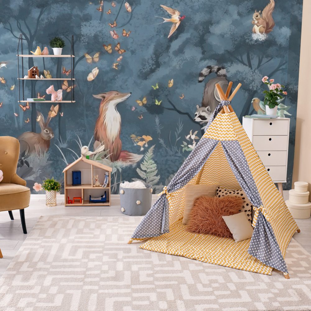 Blue Woodland Fox & Forest Animals Mural